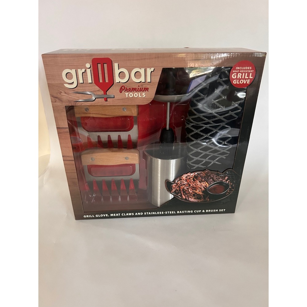 NWT Grill Tool Set Glove Meat Claw Stainless Steel Basting Cup Brush Set BBQ Dad